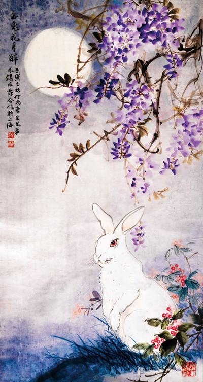 2024贵州聚宝轩春季拍卖会 - 近代何承爵何承锡 玉兔花月醉 规格：87cm*46cm