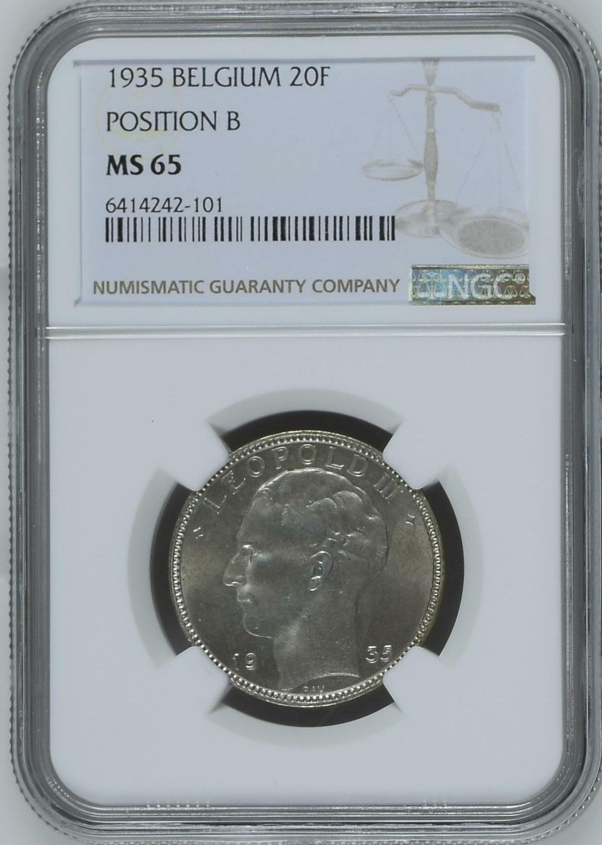 长老汇龙年精选第四场 1935 比利时20法郎银币，NGC MS65分，POSITION B，唯一亚军分，更高分仅有1枚