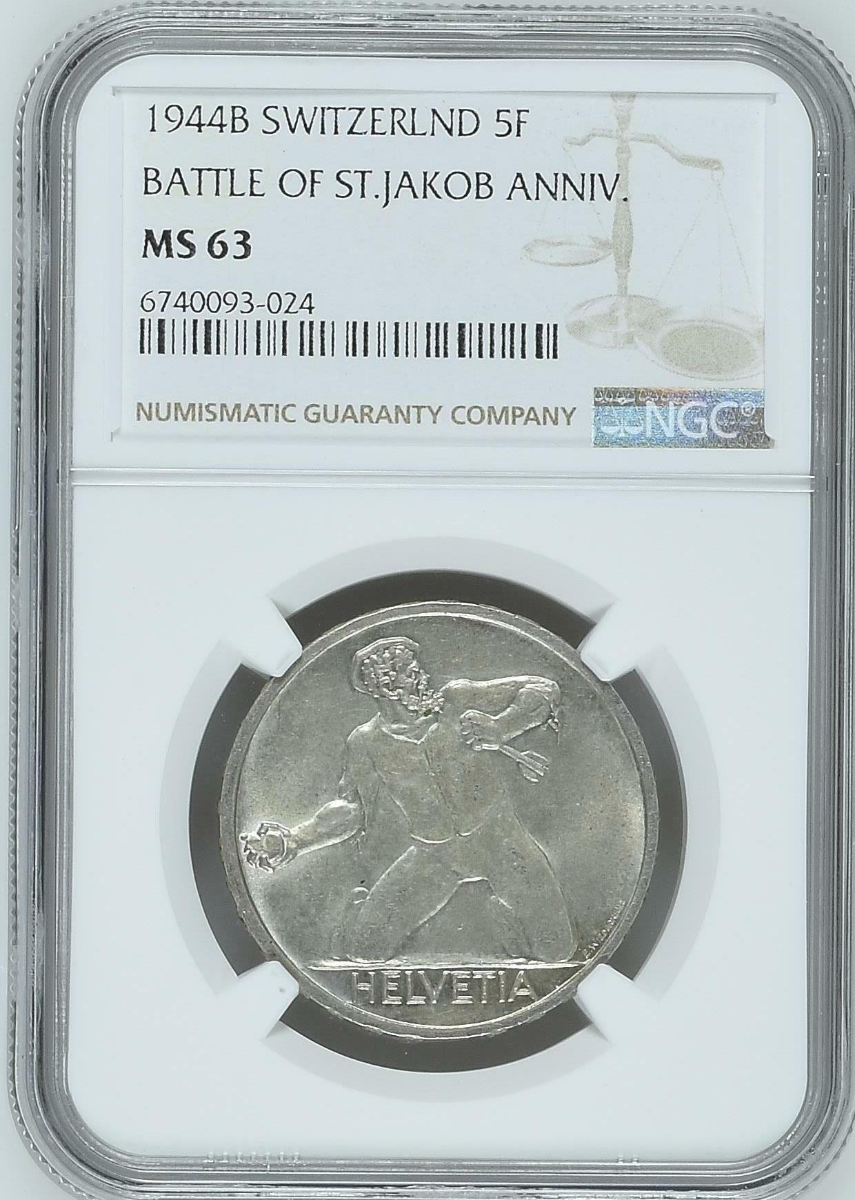 长老汇龙年精选第四场 1944B 瑞士圣雅克布战役纪念5法郎银币，NGC MS63分
