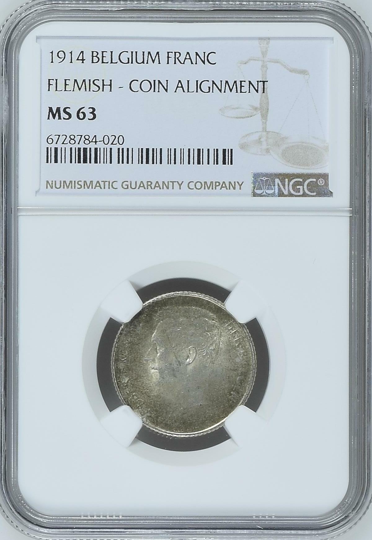 长老汇龙年精选第四场 1914 比利时1法郎银币，NGC MS63分，弗莱芒语，更高分仅有14枚