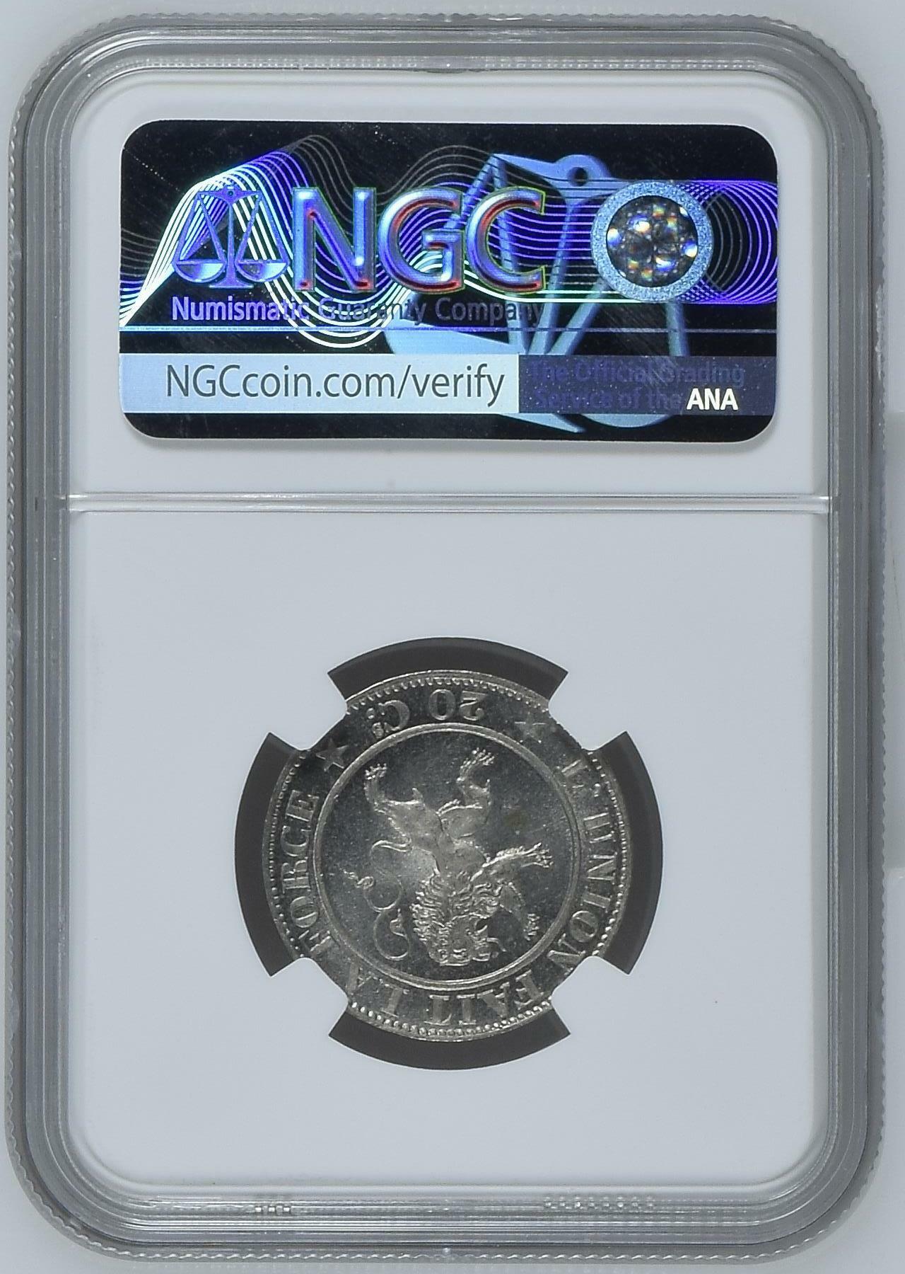 长老汇龙年精选第四场 1861 比利时利奥波德一世20分银币，NGC MS64分，季军分，更高分仅有6枚