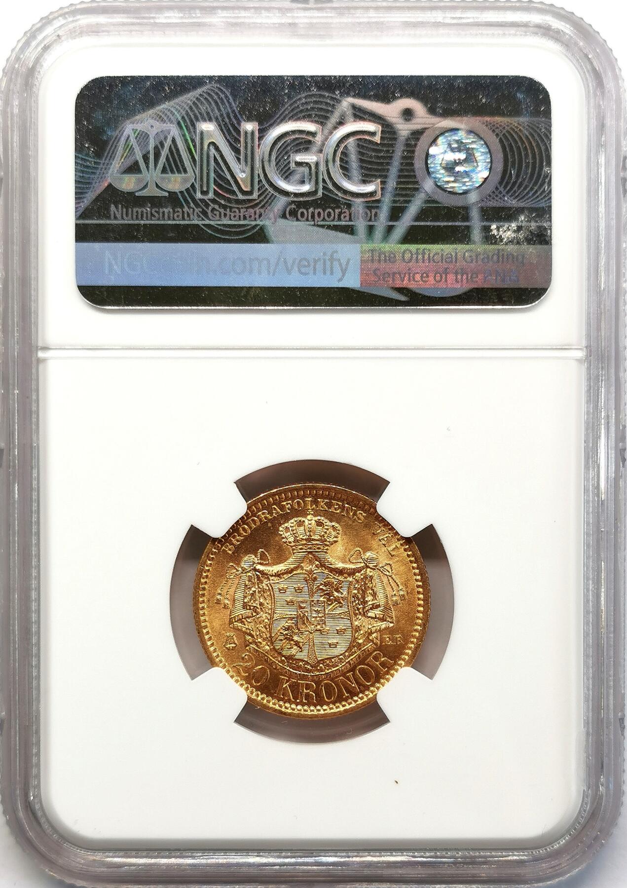 凡希社世界钱币微拍第二百六十八期 1889EB瑞典奥斯卡二世20克朗金币NGC-MS64+，8.96g，900金。