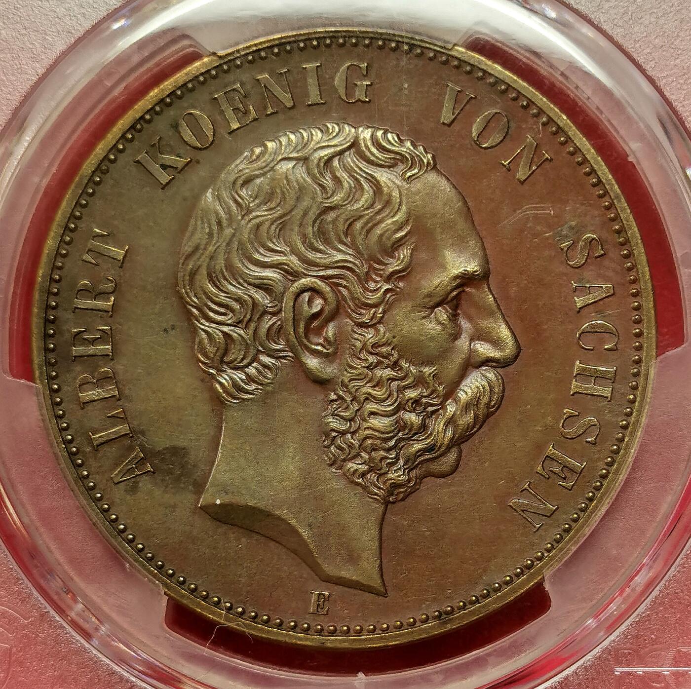凡希社世界钱币微拍第二百六十八期 荐！1889E萨克森阿尔伯特加冕暨萨克森韦廷王朝建立800周年纪念5马克铜币NGC-MS61，稀有品种！韦廷王朝起源于萨克森安哈尔特的韦廷镇，由当时的迈森蕃侯于1089年创立，它是后来著名的萨克森-科堡-哥达王朝的父系祖先。