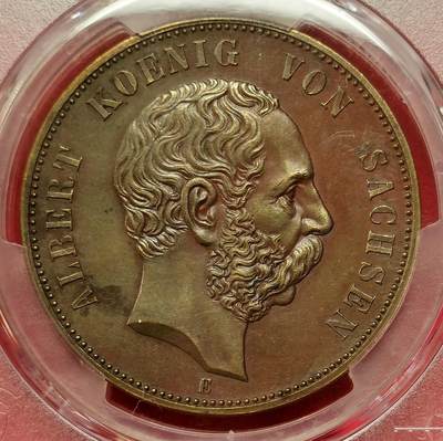 凡希社世界钱币微拍第二百六十八期 - 荐！1889E萨克森阿尔伯特加冕暨萨克森韦廷王朝建立800周年纪念5马克铜币NGC-MS61，稀有品种！韦廷王朝起源于萨克森安哈尔特的韦廷镇，由当时的迈森蕃侯于1089年创立，它是后来著名的萨克森-科堡-哥达王朝的父系祖先。