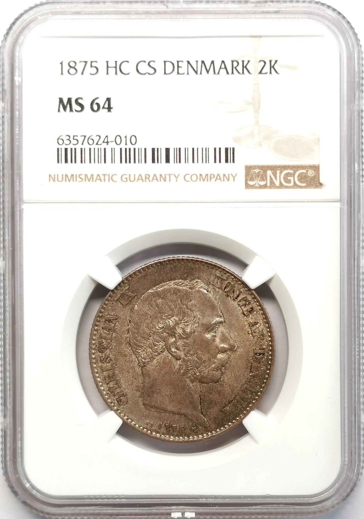 凡希社世界钱币微拍第二百六十八期 荐！1875HC丹麦克里斯蒂安九世2克朗银币NGC-MS64，流通版首年，图案简练典雅，包浆优美，N冠军分！