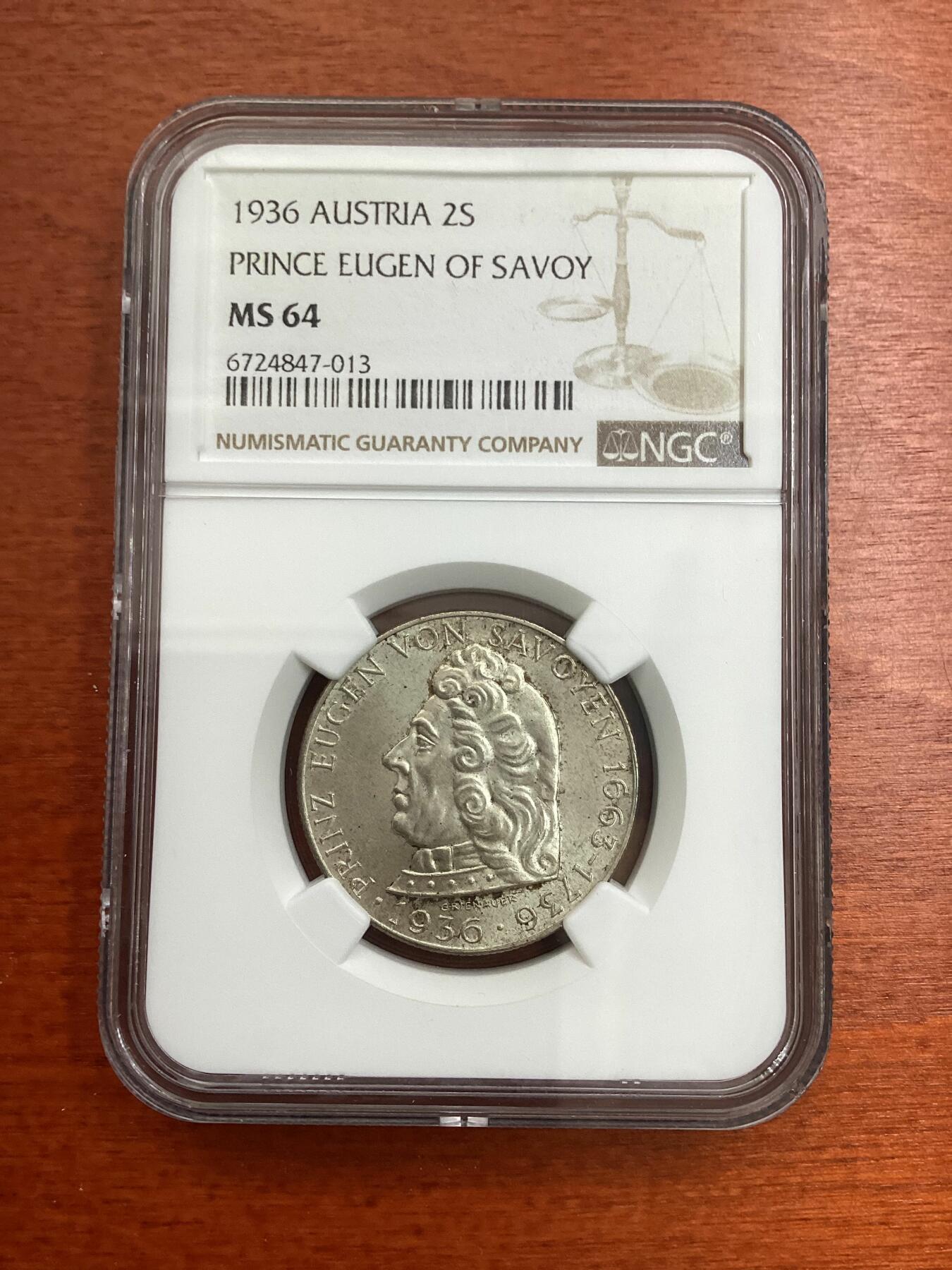 长老汇龙年精选第四场 1936 奥地利欧根亲王2先令银币，NGC MS64分，季军分，更高分仅有5枚
