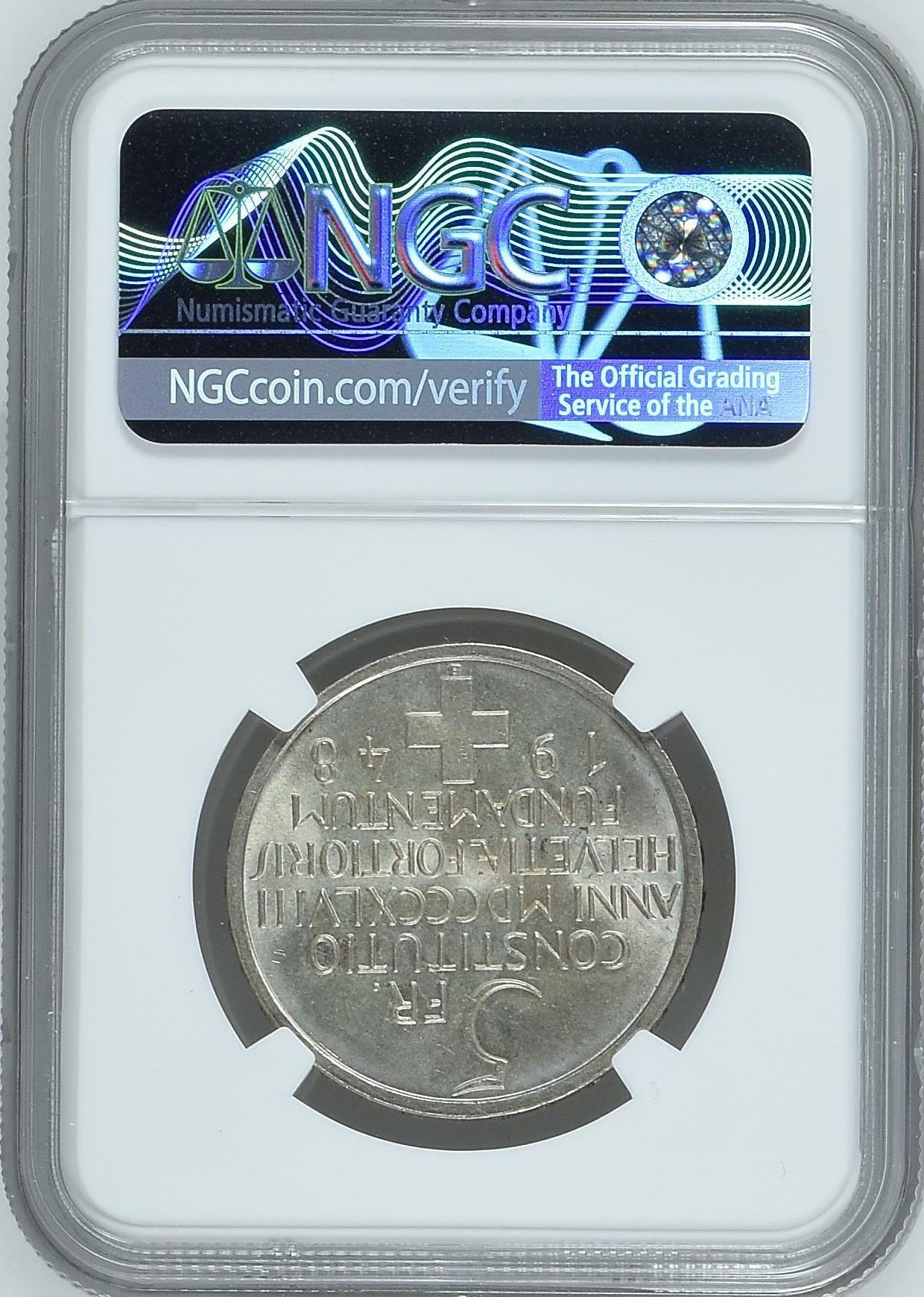 长老汇龙年精选第四场 1948B 瑞士宪法百年5法郎银币，NGC MS63分