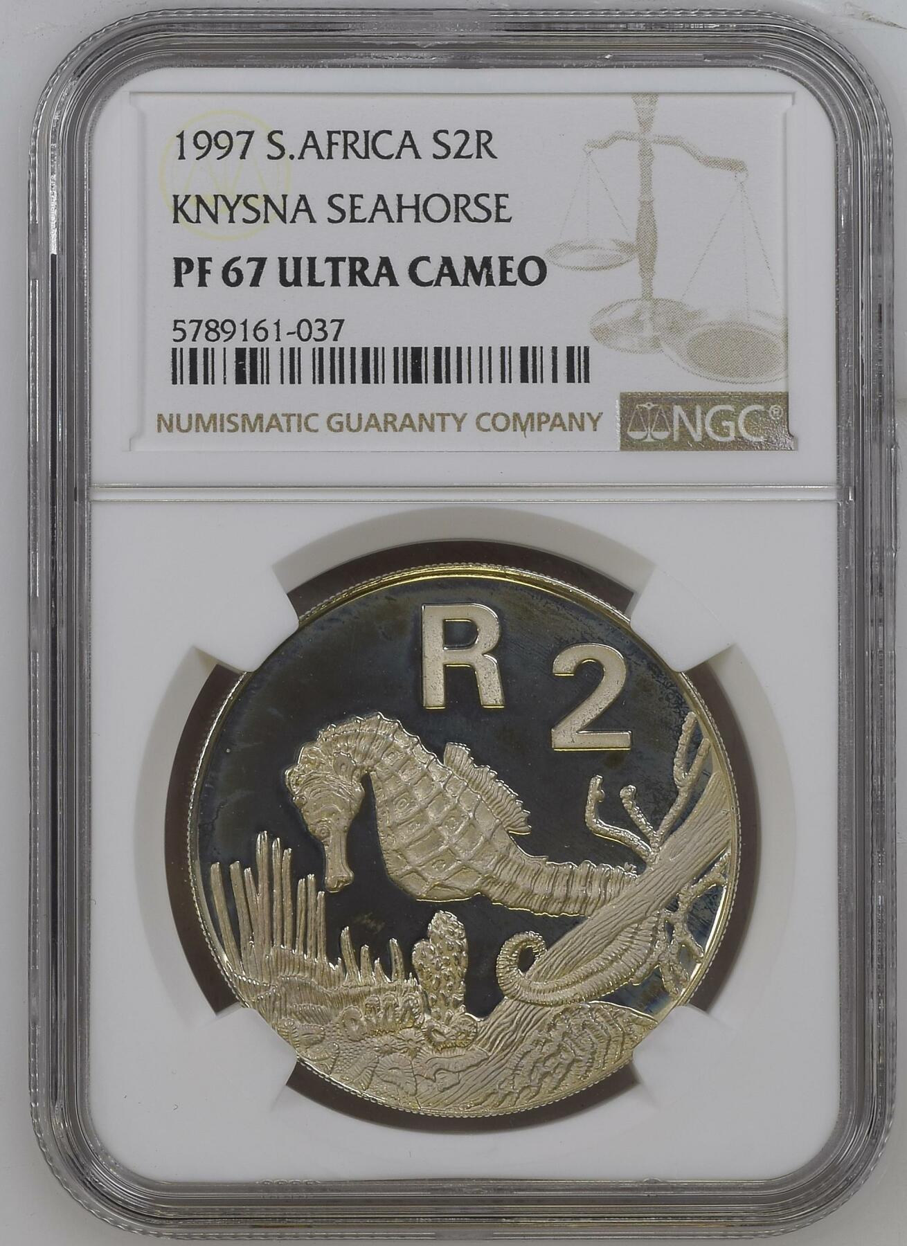 长老汇龙年精选第四场 1997 南非克尼斯纳海马2朗德精制银币，NGC PF67UC，发行量3000枚