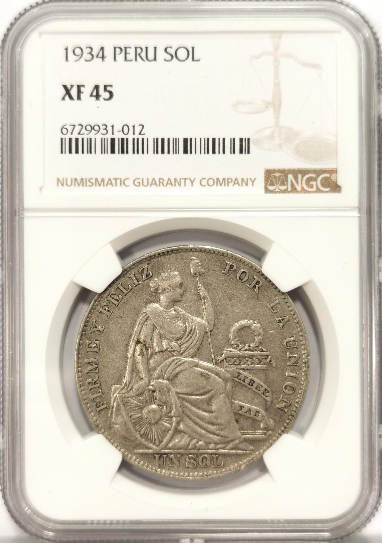 博洋堂世界钱币拍卖第087期（全场包邮） NGC XF45 秘鲁1934年坐人自由女神1索尔大银币