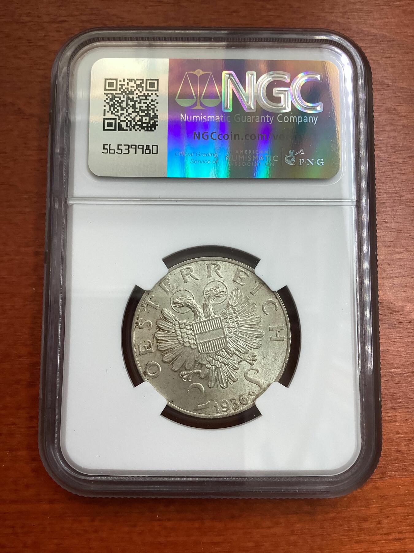 长老汇龙年精选第四场 1936 奥地利欧根亲王2先令银币，NGC MS64分，季军分，更高分仅有5枚