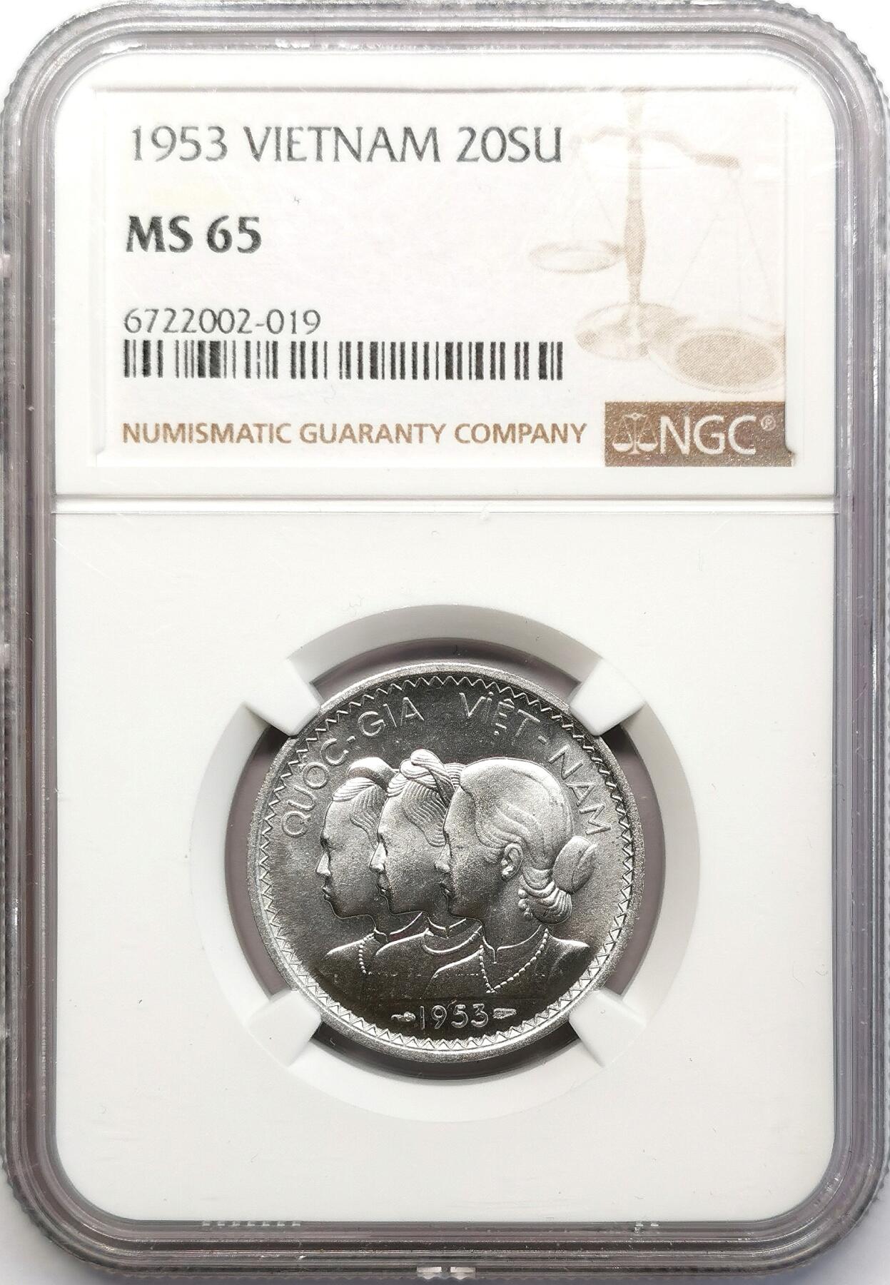 凡希社世界钱币微拍第二百六十八期 1953南越民族妇女20SU铝币NGC-MS65