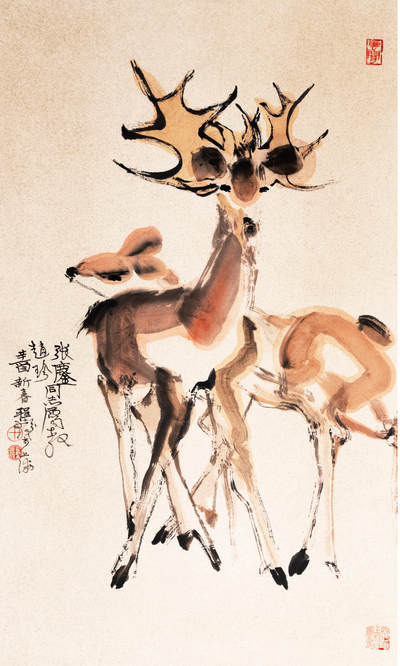 2024贵州聚宝轩春季拍卖会 - 近代程十发  双鹿 立轴规格：86cm*52cm