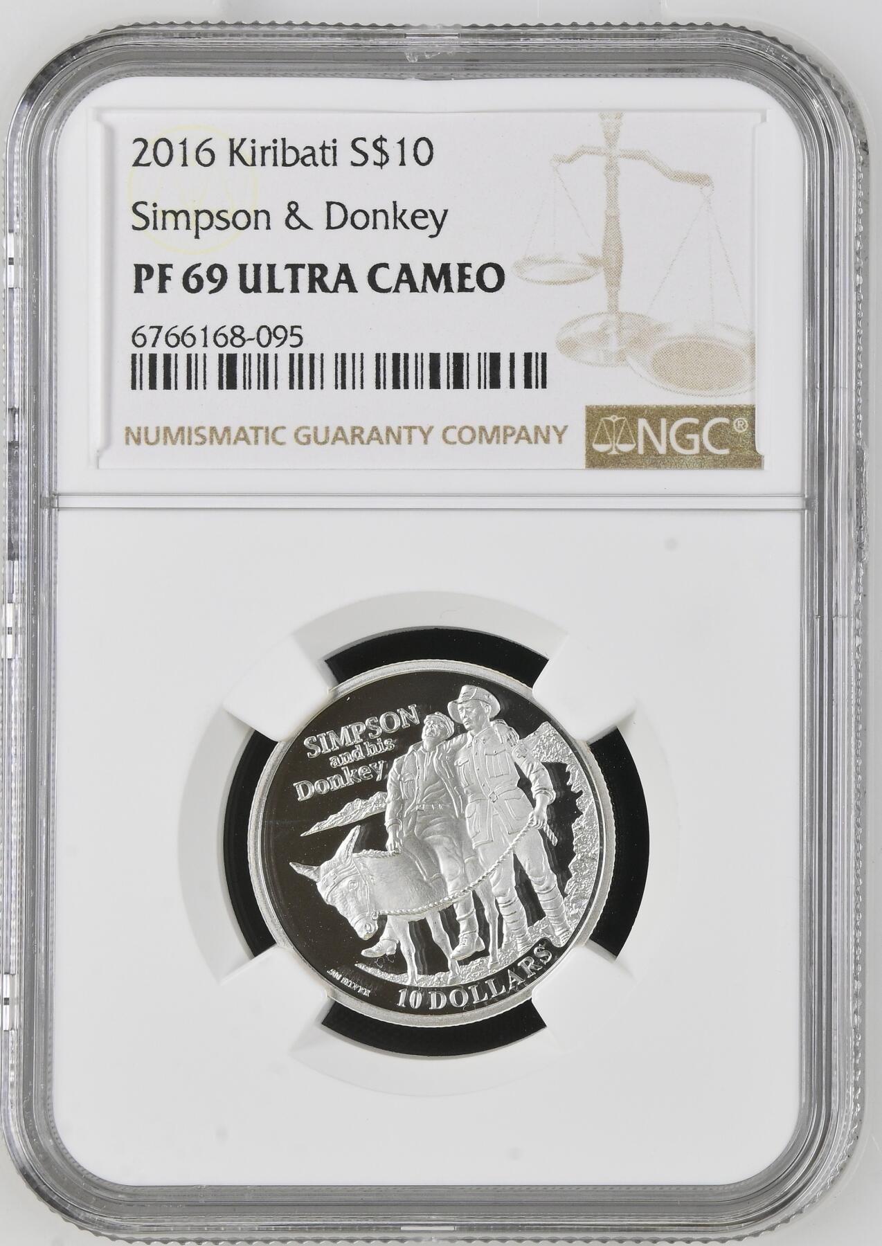 长老汇龙年精选第四场 2016 基里巴斯辛普森和驴子10元精制银币，NGC PF69UC，唯一冠军分