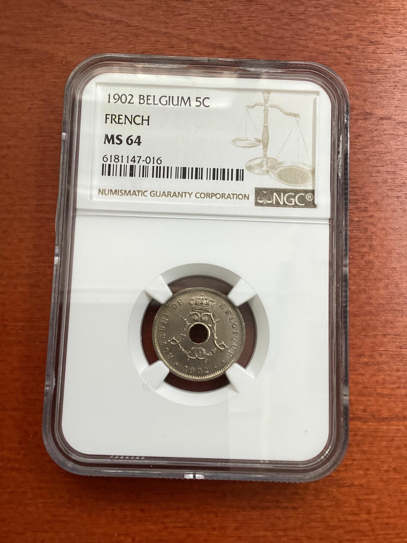 长老汇龙年精选第四场 1902 比利时5分中孔铜镍币，NGC MS64分，法语版，季军分，更高分仅有3枚