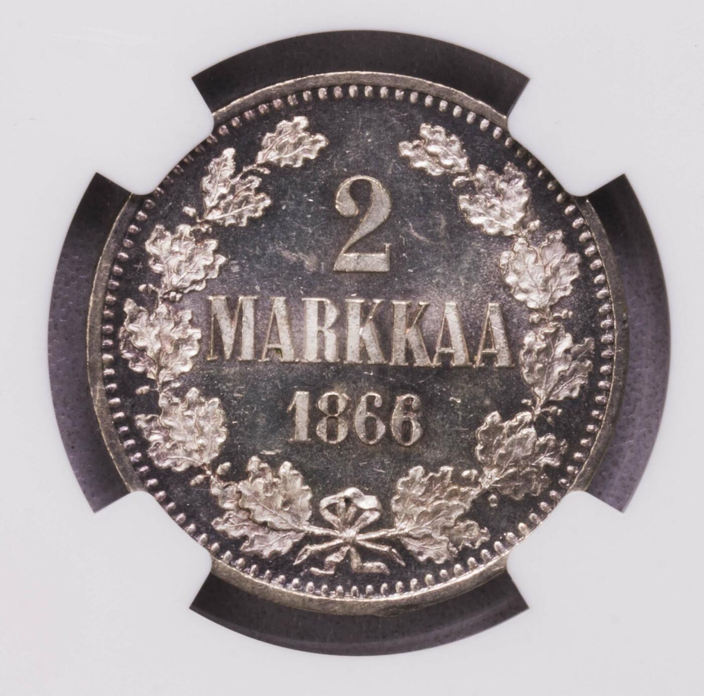 NGC-MS64PL 1866/5俄占芬兰2马克 类镜面 最好年份 冠军分