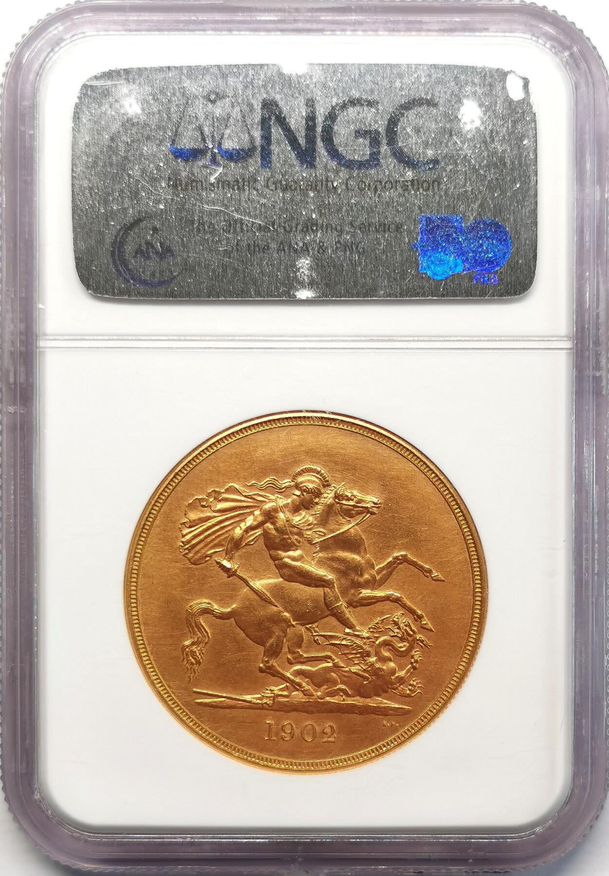 凡希社世界钱币微拍第二百六十八期 1902英国爱德华七世5索维林金币NGC-PF60Matte，金色纯正，39.94g，917金