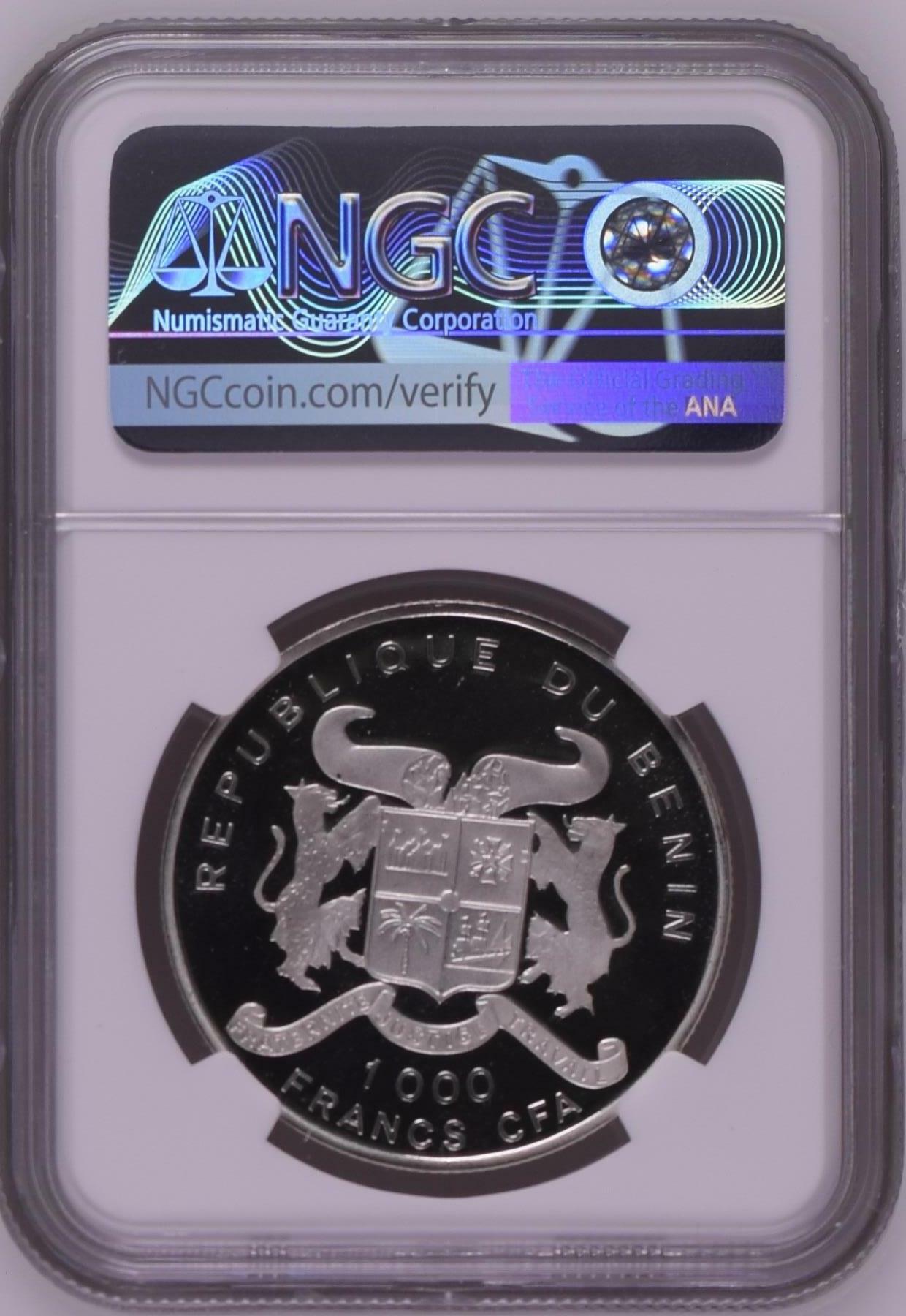 长老汇龙年精选第四场 (1992) 贝宁挽救国家1000法郎精制银币，NGC PF69UC，唯二冠军分，发行量1000枚