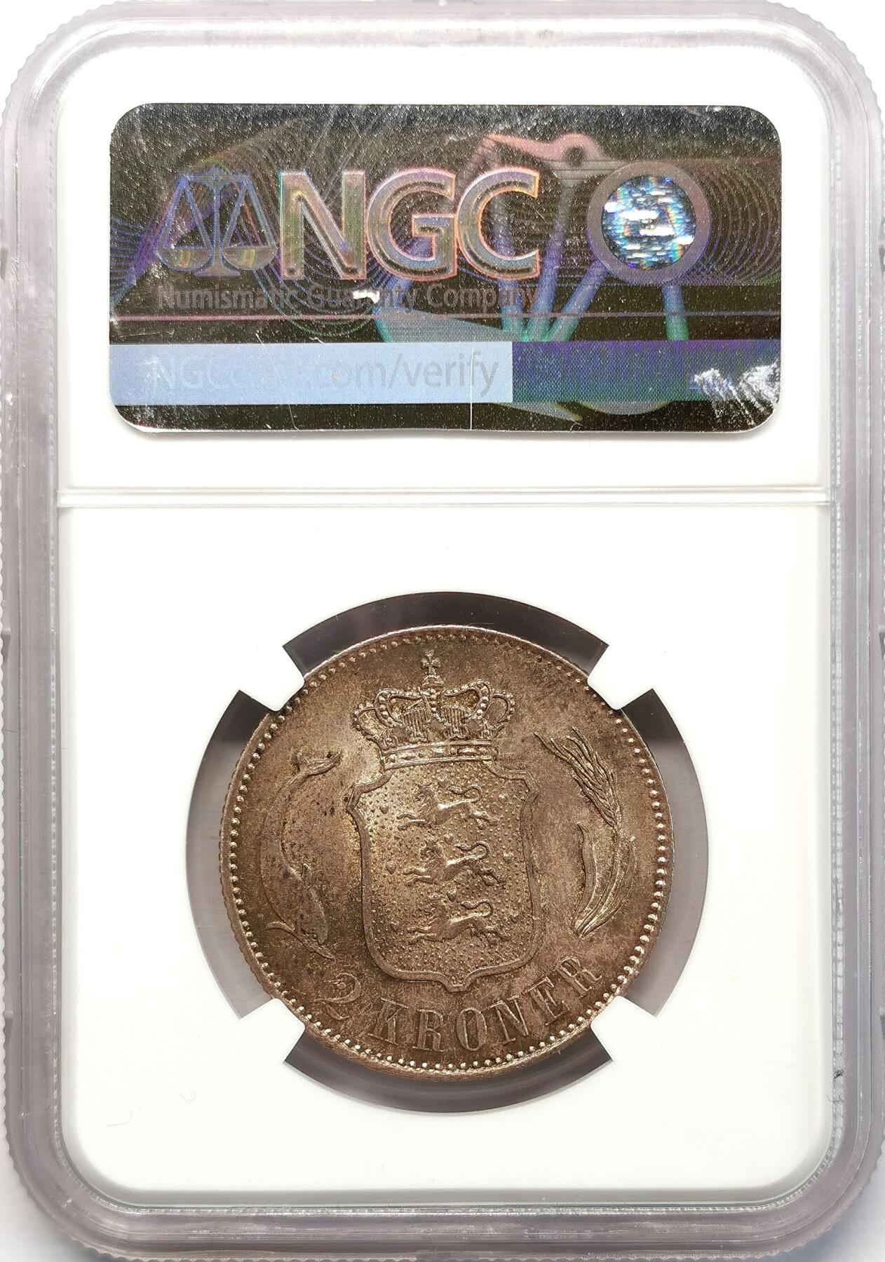 凡希社世界钱币微拍第二百六十八期 荐！1875HC丹麦克里斯蒂安九世2克朗银币NGC-MS64，流通版首年，图案简练典雅，包浆优美，N冠军分！