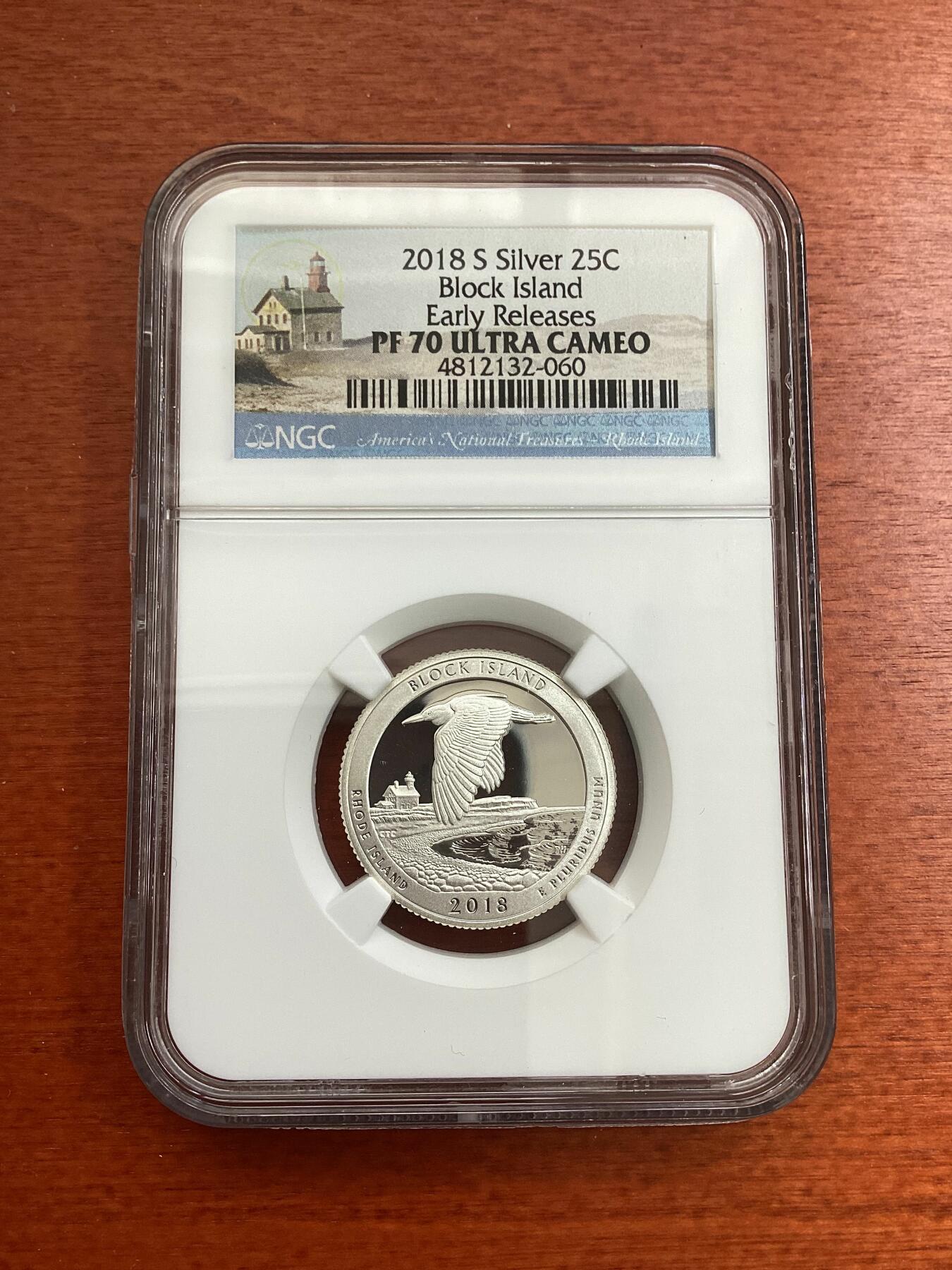 长老汇龙年精选第四场 2018 S  美国布洛克岛25美分精制银币，NGC PF70UC，首日标