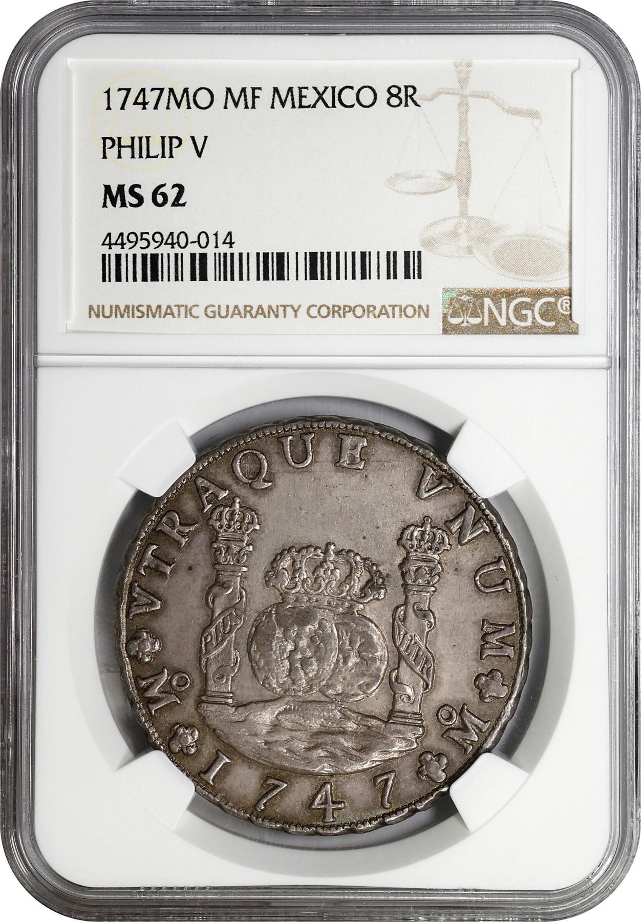 NGC评级MS62西属墨西哥1747年地球双柱银币