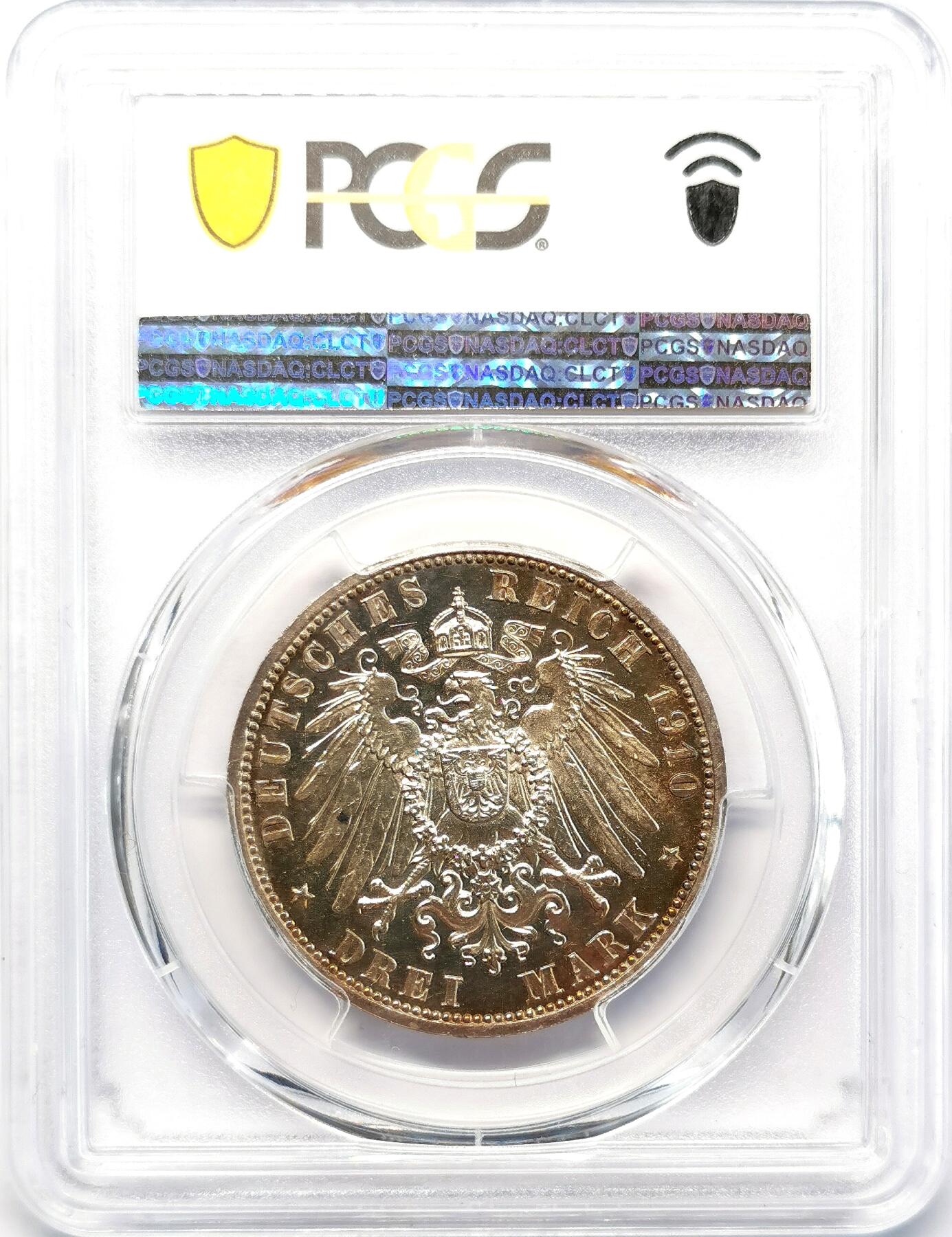 凡希社世界钱币微拍第二百六十八期 荐！1910萨克森-魏玛-爱森纳赫3马克精铸PCGS-PR64