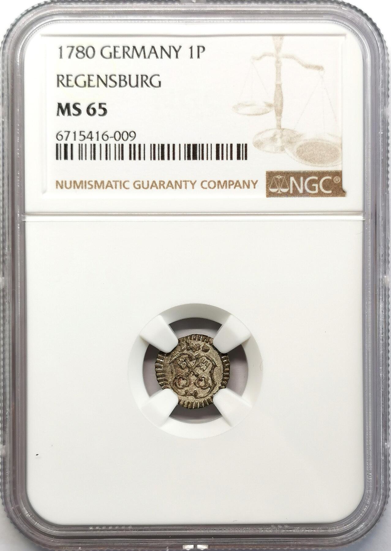 凡希社世界钱币微拍第二百六十八期 1780雷根斯堡银芬尼NGC-MS65，原始铸造状态！