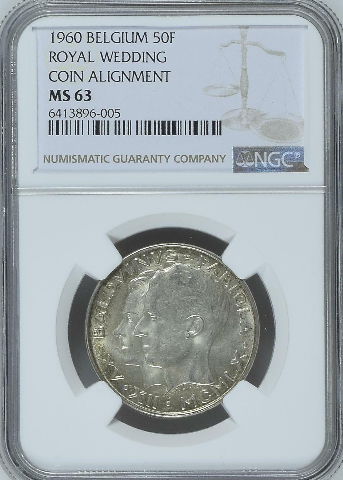 长老汇龙年精选第四场 1960 比利时皇家婚礼50法郎银币，NGC MS63分，更高分仅有15枚