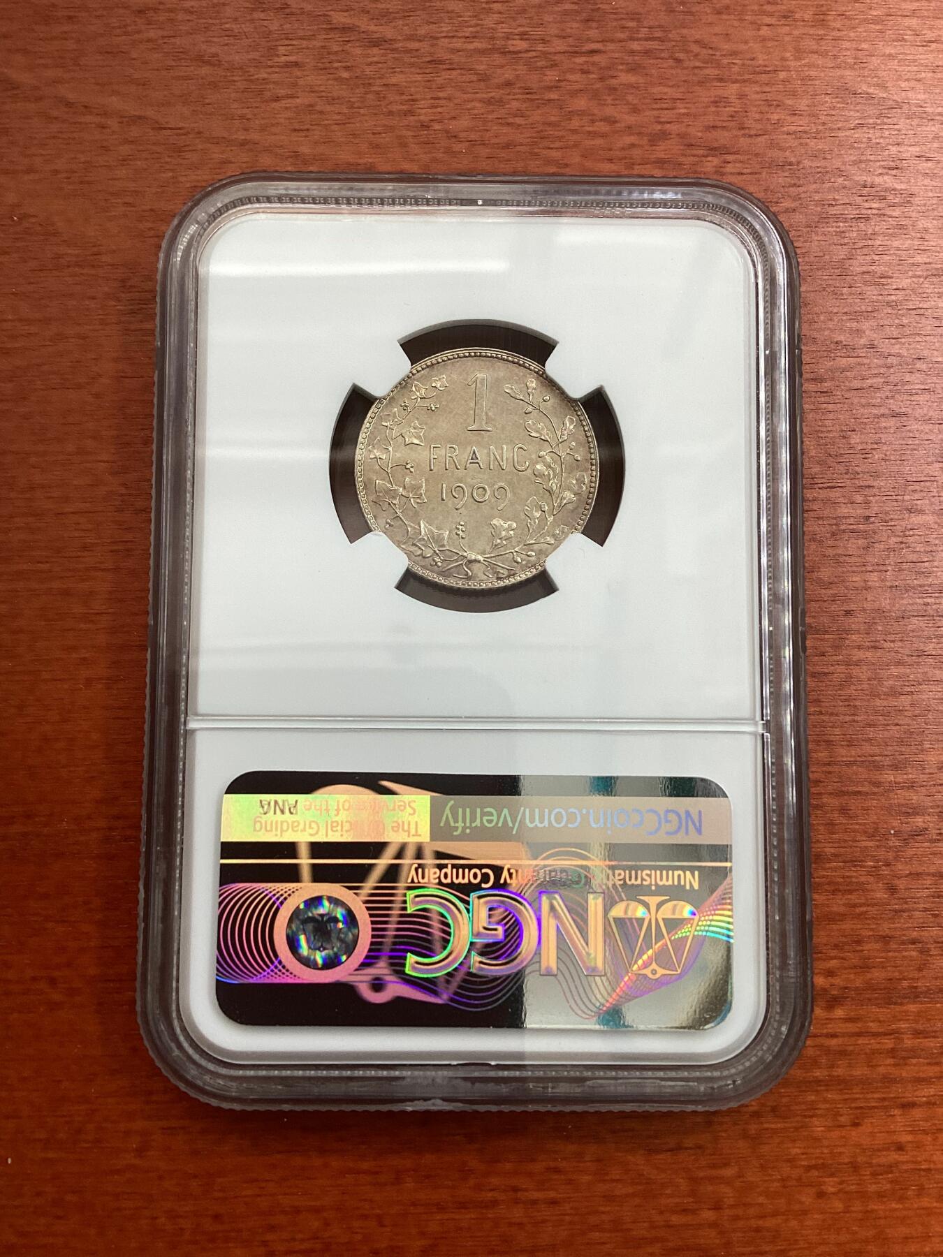 长老汇龙年精选第四场 1909比利时利奥波德二世1法郎银币，NGC MS62分，法语版， 更高分仅有2枚