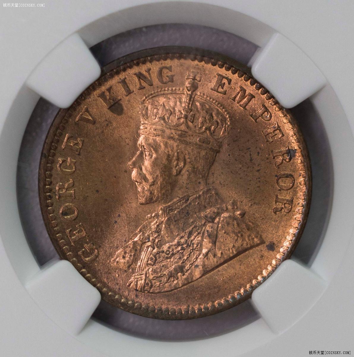 NGC-MS65RD 1911C印度猪安拿全铜光超级状态唯一RD全铜光