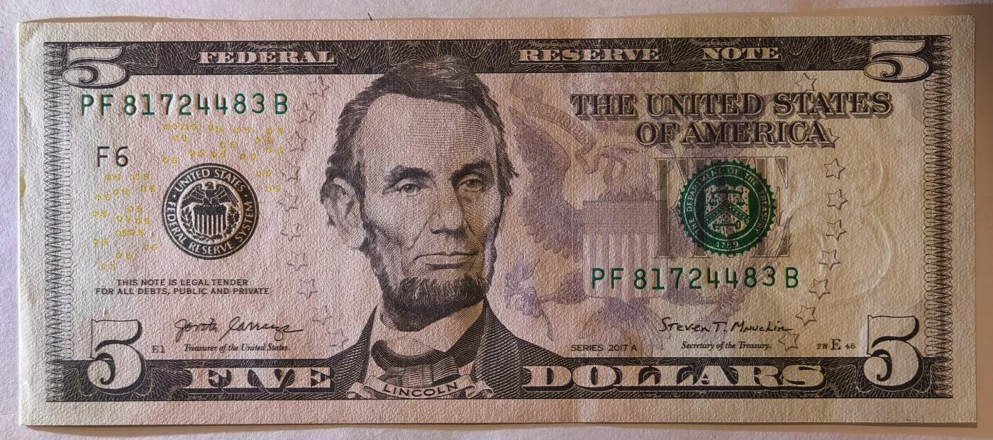 紫瑗钱币——第347期拍卖——纸币场 美国 2017年 F版 A序列 亚伯拉罕·林肯 5美元 彩色版 UNC