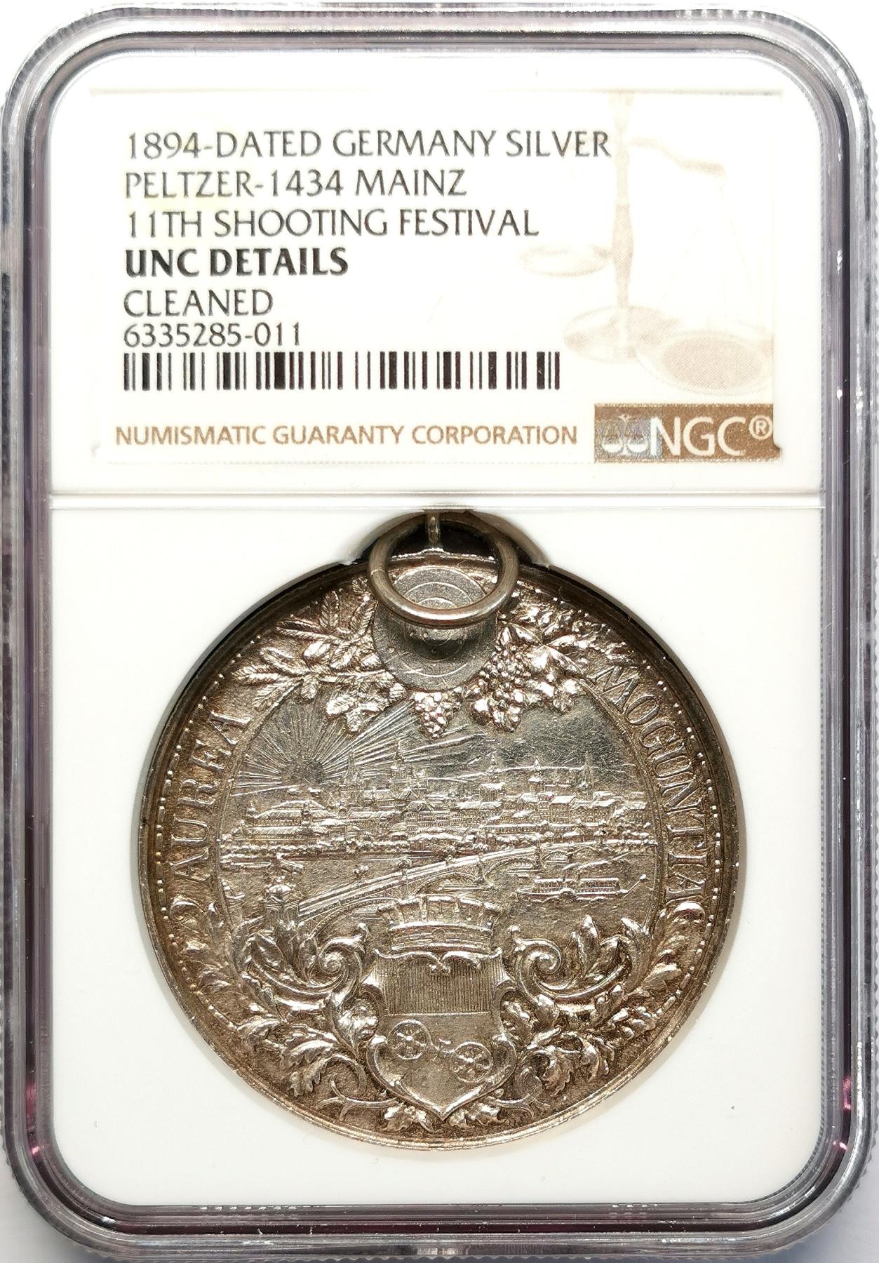 凡希社世界钱币微拍第二百六十八期 1894德国美因茨射击节纪念银章NGC-UNCD挂环完整！