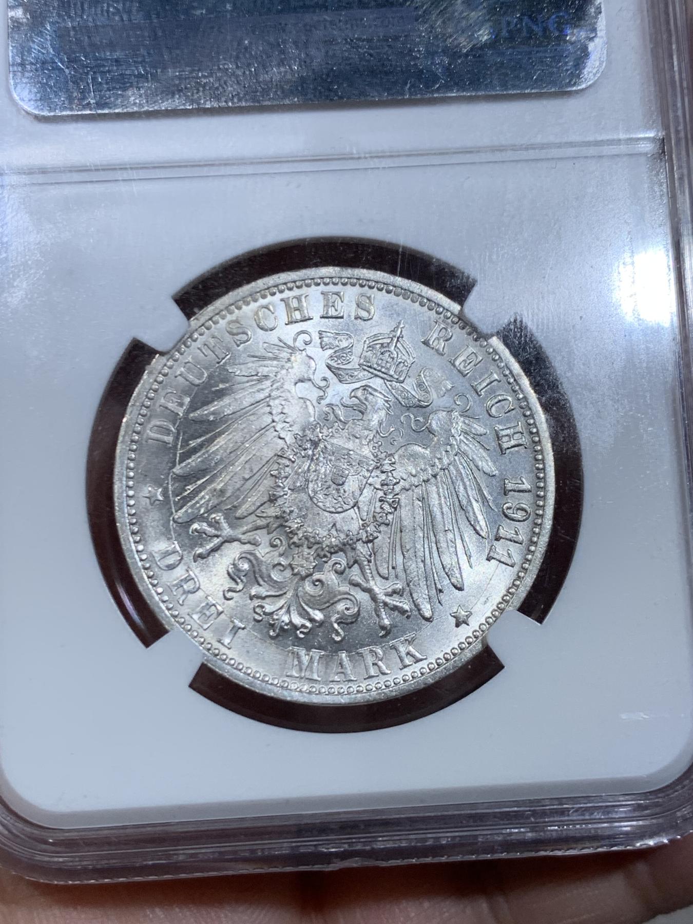 《竞宝斋》第267场- 周日，周一  2场连拍 （全场包邮） NGC MS64 德国1911年符腾堡银婚3马克银币 白净 转光强烈 老盒子严评