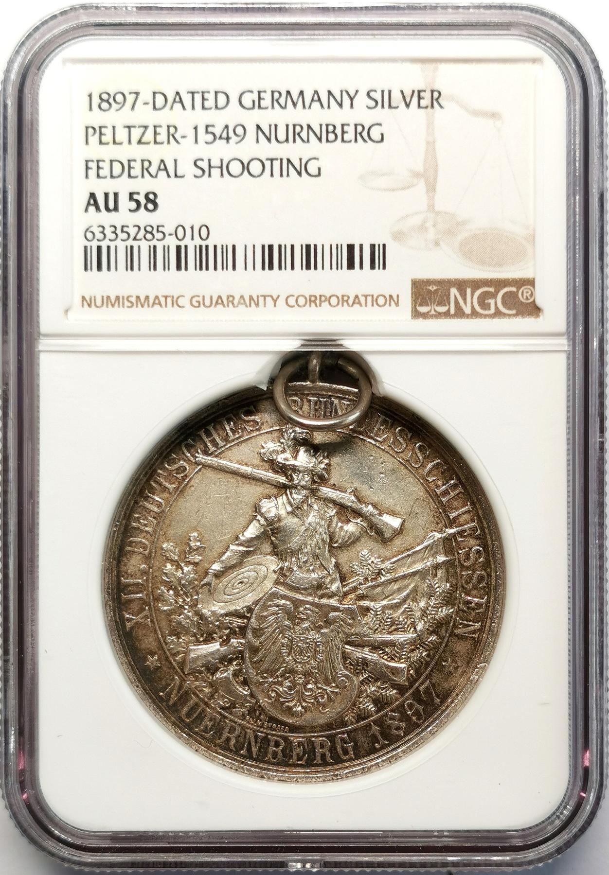 凡希社世界钱币微拍第二百六十八期 1897德国纽伦堡射击节纪念银章NGC-AU58挂环完整！