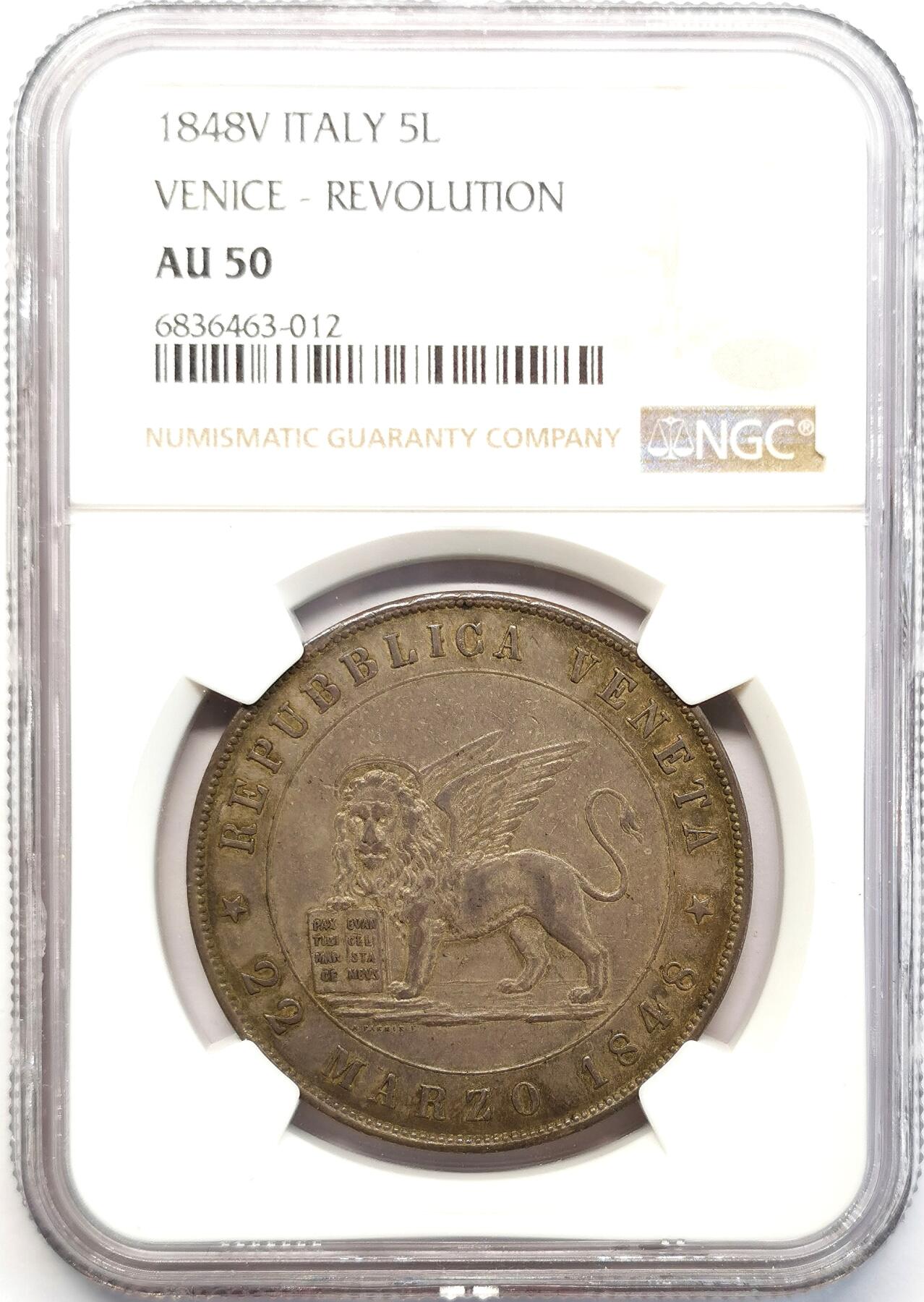 凡希社世界钱币微拍第二百六十八期 1848威尼斯革命政府飞狮5里拉大银NGC-AU50，轻度流通痕迹，整体味道极好，深灰包浆！