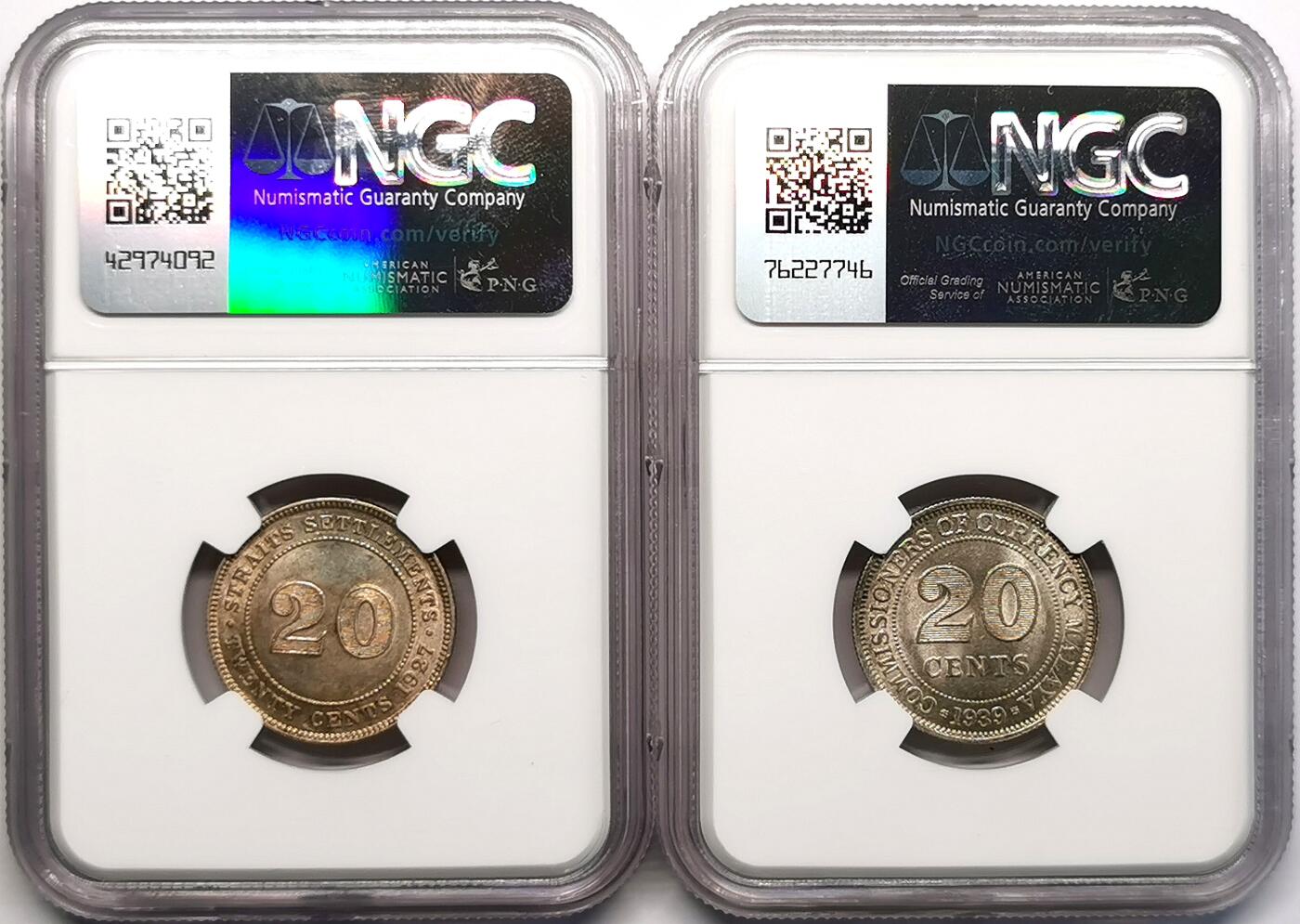 凡希社世界钱币微拍第二百六十八期 海峡/马来亚银辅币一对NGC-MS61/63