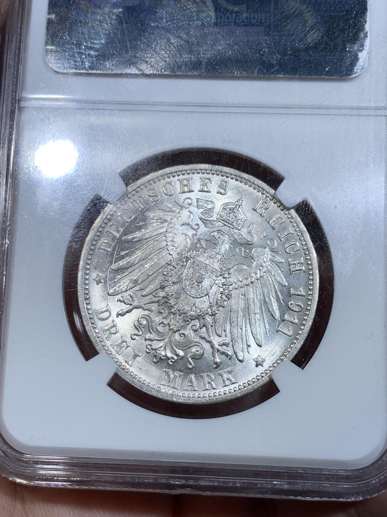 《竞宝斋》第267场- 周日，周一  2场连拍 （全场包邮） NGC MS64 德国1911年符腾堡银婚3马克银币 白净 转光强烈 老盒子严评