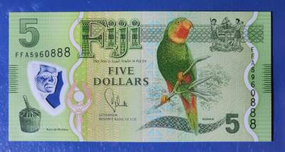 斐济 2013年 5元 塑料钞 豹子号 FFA5960888 UNC一张 如图 - 斐济 2013年 5元 塑料钞 豹子号 FFA5960888 UNC一张 如图