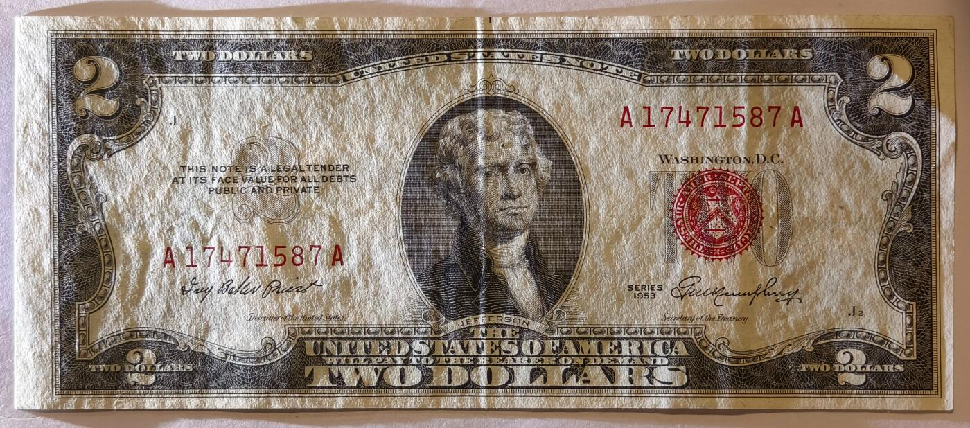 紫瑗钱币——第347期拍卖——纸币场 美国 1953年 无序列 托马斯·杰斐逊 2美元 红印 政府券 AU-