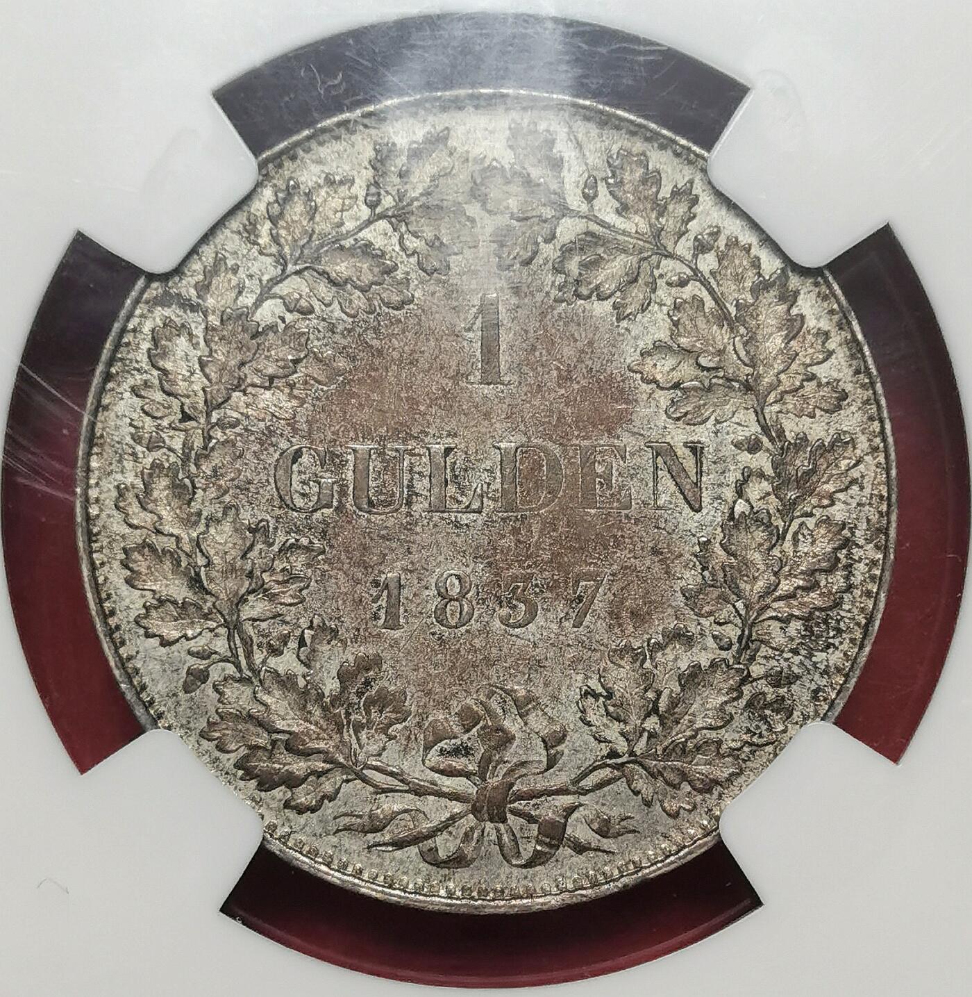 凡希社世界钱币微拍第二百六十八期 荐！1837黑森-达姆斯特路德维希二世古尔登银币NGC-MS62，相当稀少的邦国古尔登，N最高分，同分外拍成交近3K！！