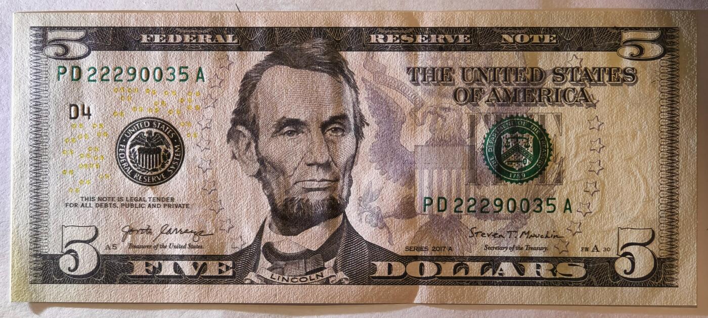 紫瑗钱币——第347期拍卖——纸币场 美国 2017年 D版 A序列 亚伯拉罕·林肯 5美元 彩色版 UNC