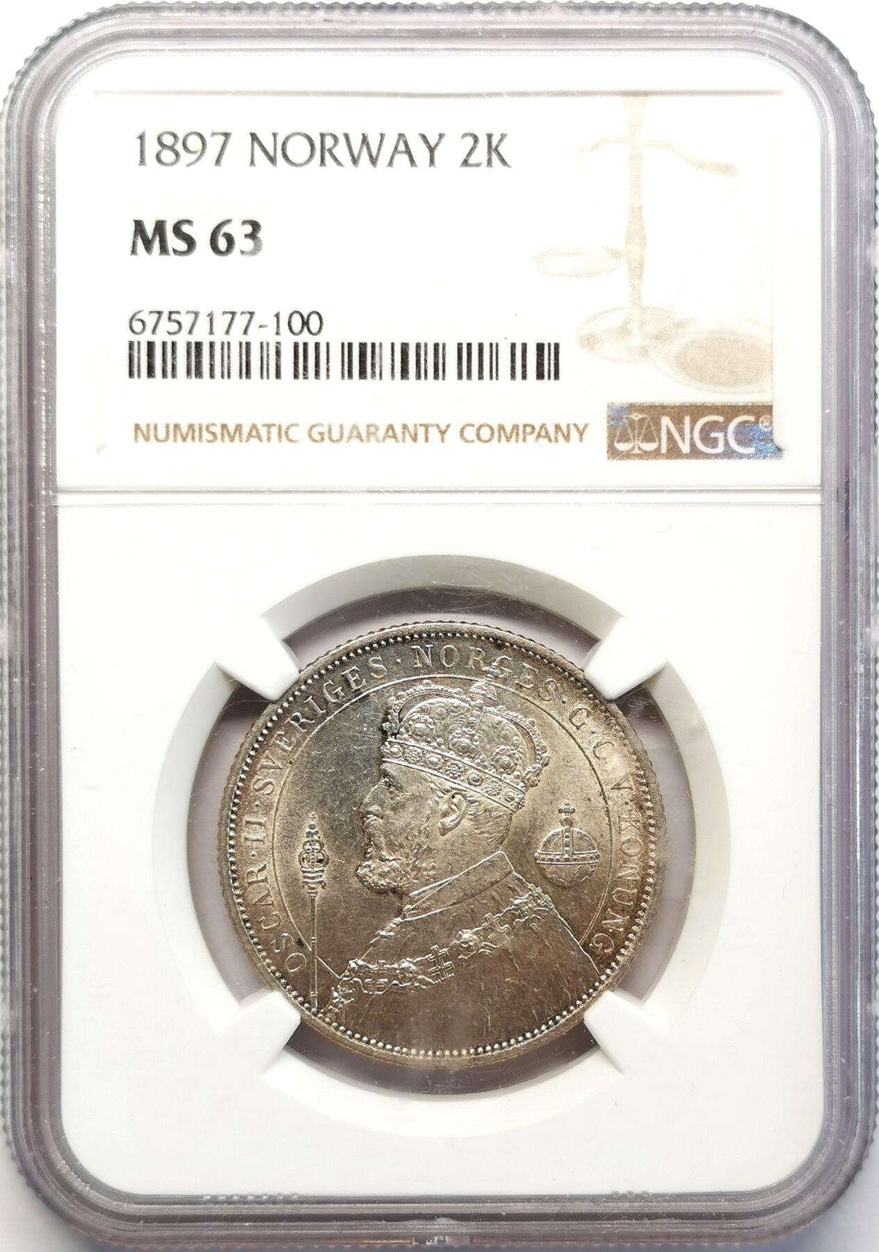 凡希社世界钱币微拍第二百六十八期 1897瑞典2克朗纪念银币NGC-MS63