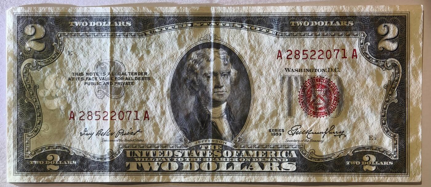 紫瑗钱币——第347期拍卖——纸币场 美国 1953年 无序列 托马斯·杰斐逊 2美元 红印 政府券 流通品