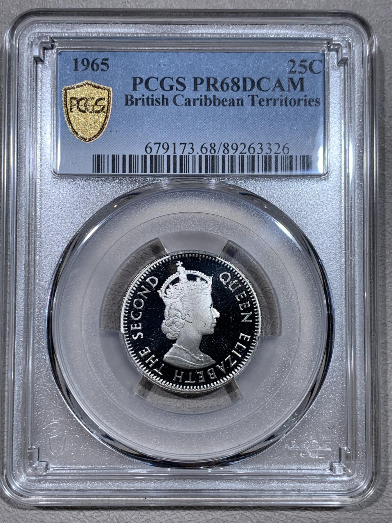 《竞宝斋》第267场- 周日，周一  2场连拍 （全场包邮） PCGS PR68DCAM 英属加勒比领地1965年25分精制镍币