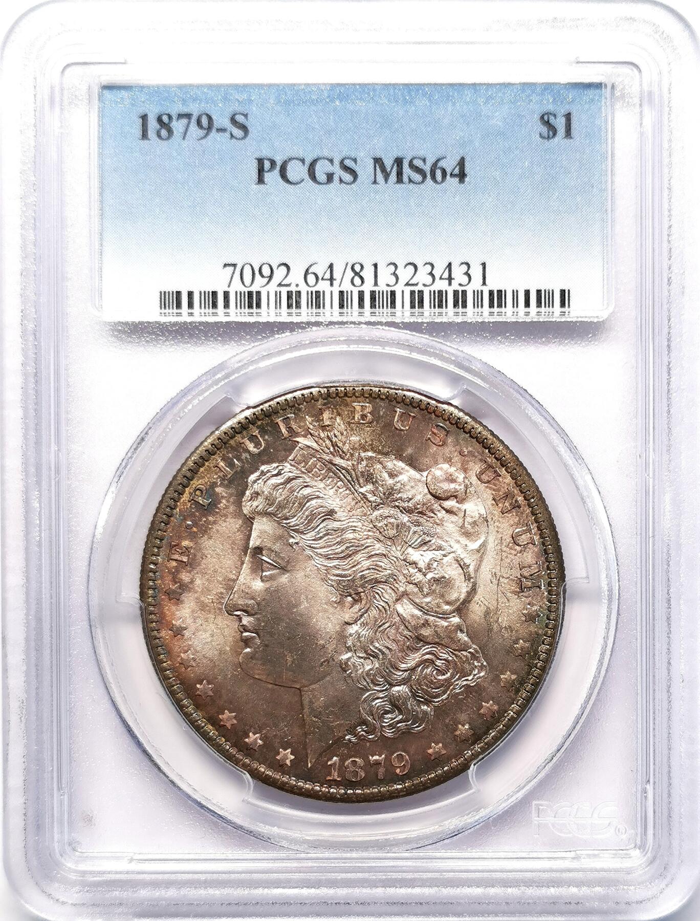 凡希社世界钱币微拍第二百六十八期 1879S美国摩根壹元PCGS-MS64，视觉极赞的紫罗兰包浆！