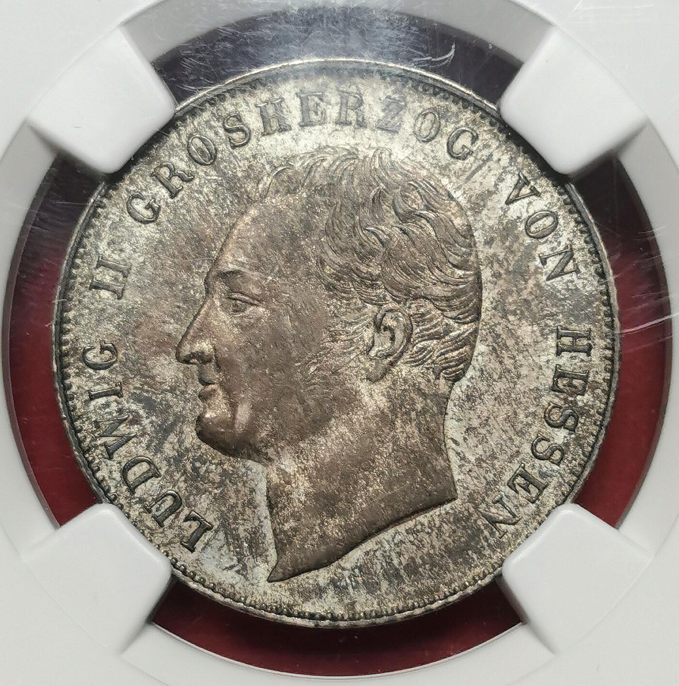 凡希社世界钱币微拍第二百六十八期 荐！1837黑森-达姆斯特路德维希二世古尔登银币NGC-MS62，相当稀少的邦国古尔登，N最高分，同分外拍成交近3K！！