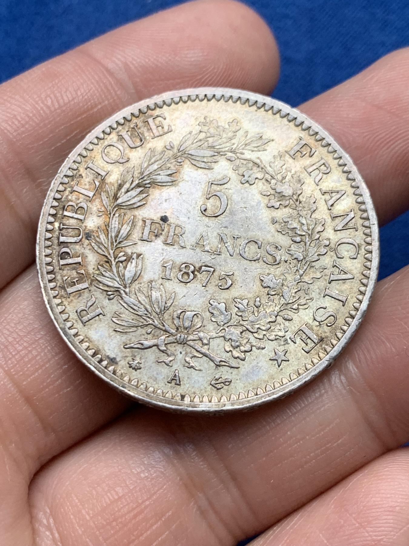《竞宝斋》第267场- 周日，周一  2场连拍 （全场包邮） 法国第三共和国1875A大力神5法郎大银币 细节清楚包浆漂亮