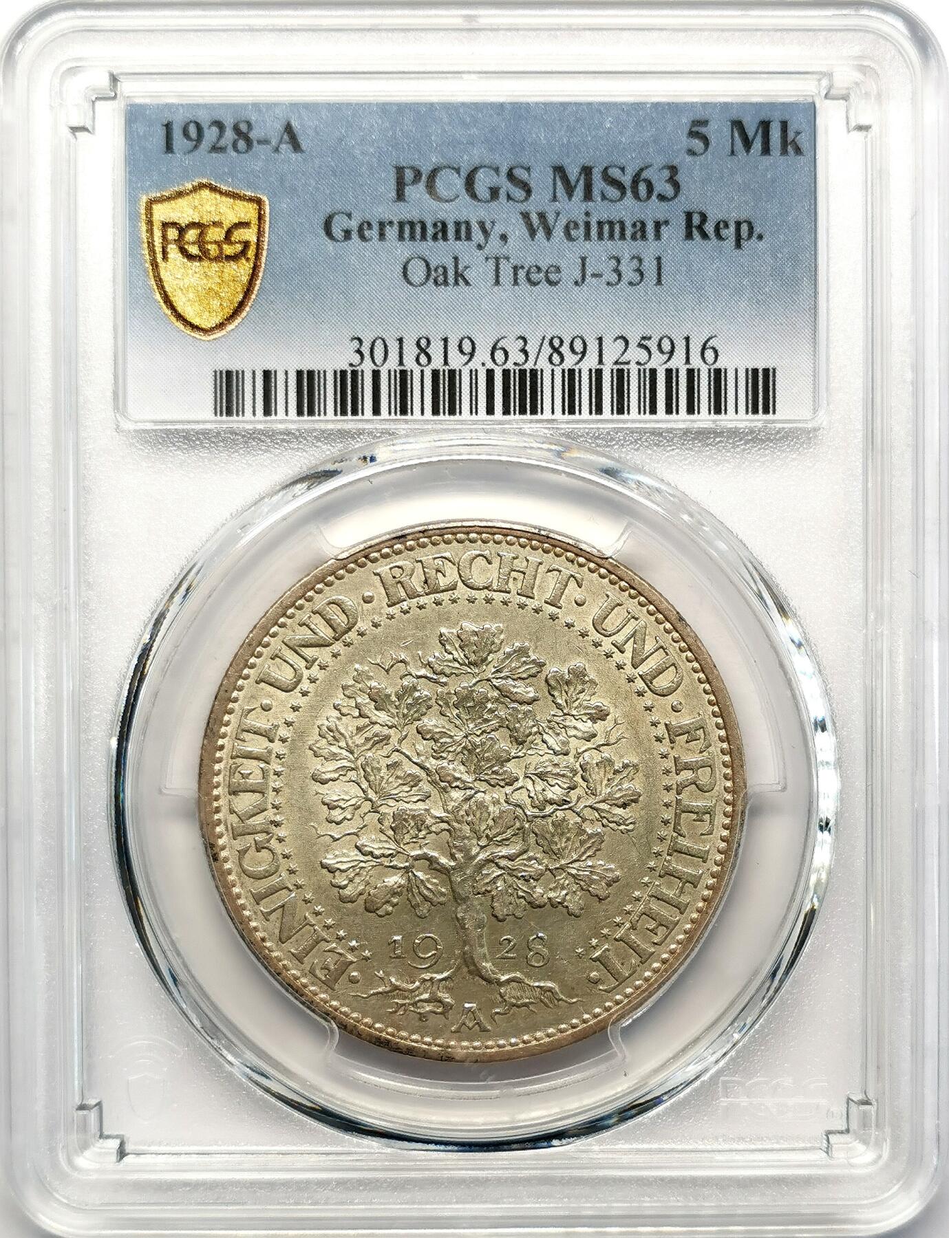 凡希社世界钱币微拍第二百六十八期 1928A魏玛德国橡树5马克大银PCGS-MS63