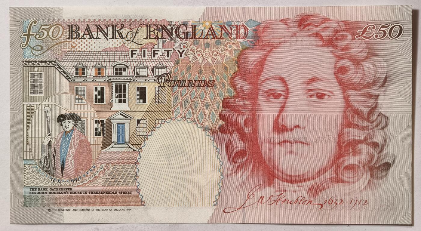 紫瑗钱币——第375期拍卖——纸币场 英国 1994年 E序列 英格兰银行第一任行长 约翰·霍布伦 50英镑 UNC