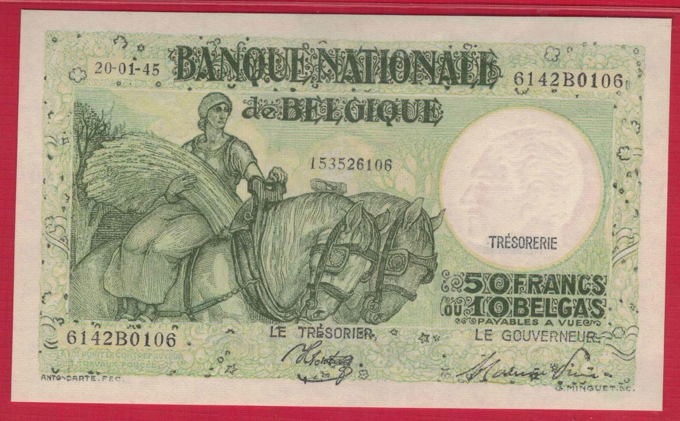 比利时1945年50法郎 欧洲纸币 实物图 UNC