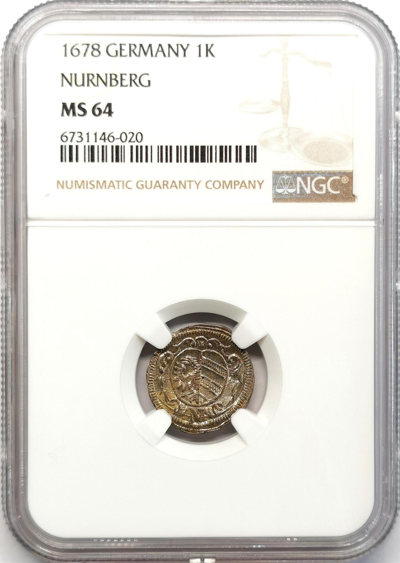 凡希社世界钱币微拍第二百六十八期 1678纽伦堡自由市银芬尼NGC-MS64，铸打细节完美，品相卓越！